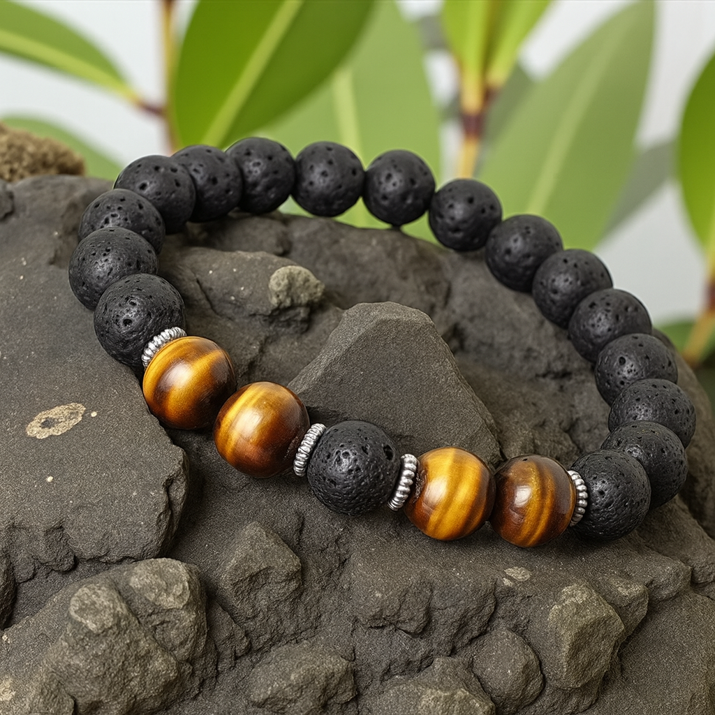 Black lava stone and tiger eye beaded bracelet