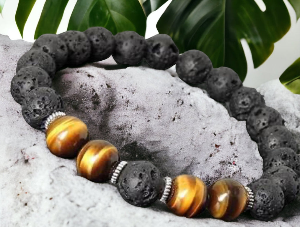 Handmade Lava Rock & Tiger’s Eye bracelet crafted in Canada.  natural stones for balance, confidence & strength. Unisex design with stainless accents.