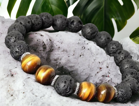 Handmade Lava Rock & Tiger’s Eye bracelet crafted in Canada.  natural stones for balance, confidence & strength. Unisex design with stainless accents.